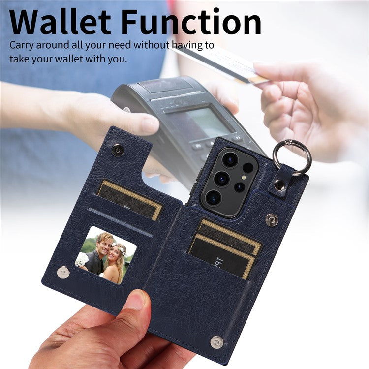 003 For Samsung Galaxy S23 Ultra Case Ring Buckle Card Holder Leather Phone Back Cover Litchi Texture - Sapphire