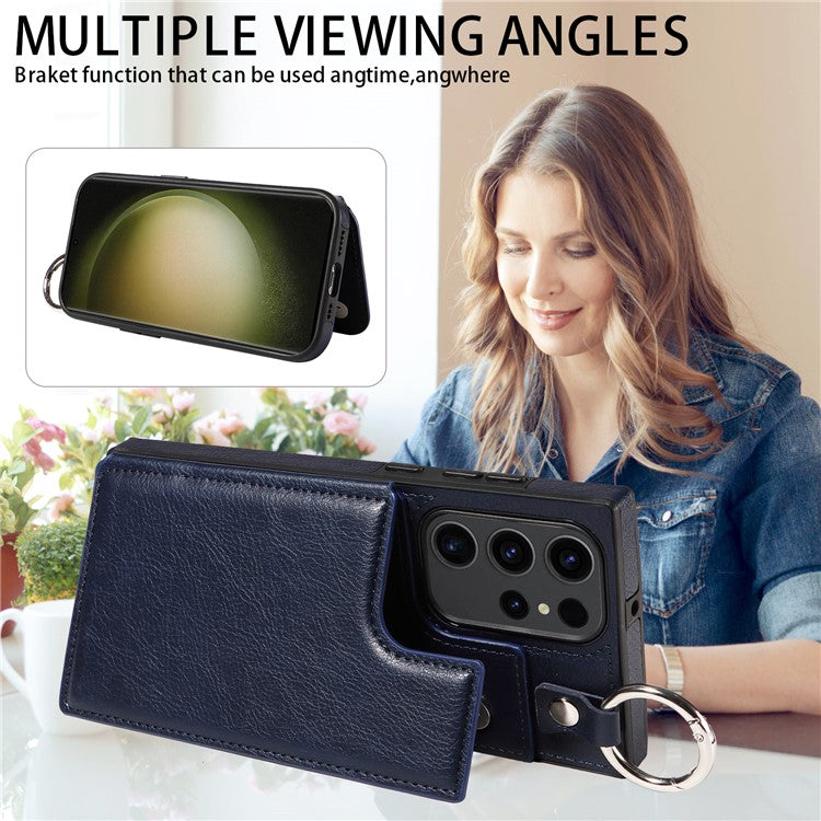 003 For Samsung Galaxy S23 Ultra Case Ring Buckle Card Holder Leather Phone Back Cover Litchi Texture - Sapphire