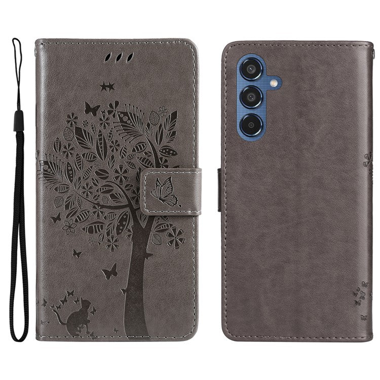 For Samsung Galaxy M35 5G Phone Case with Stand Cat Tree Pattern Leather Wallet Mobile Cover - Grey