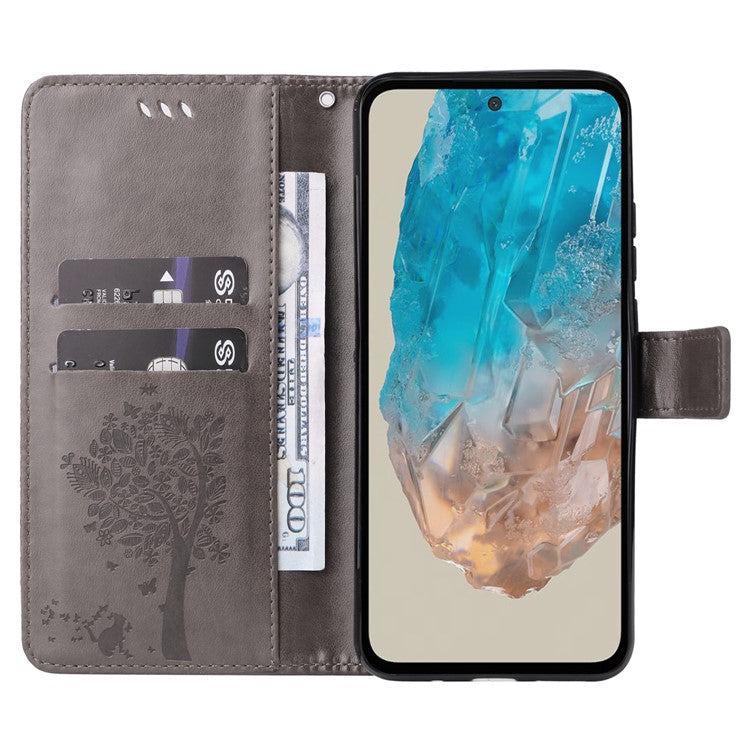 For Samsung Galaxy M35 5G Phone Case with Stand Cat Tree Pattern Leather Wallet Mobile Cover - Grey