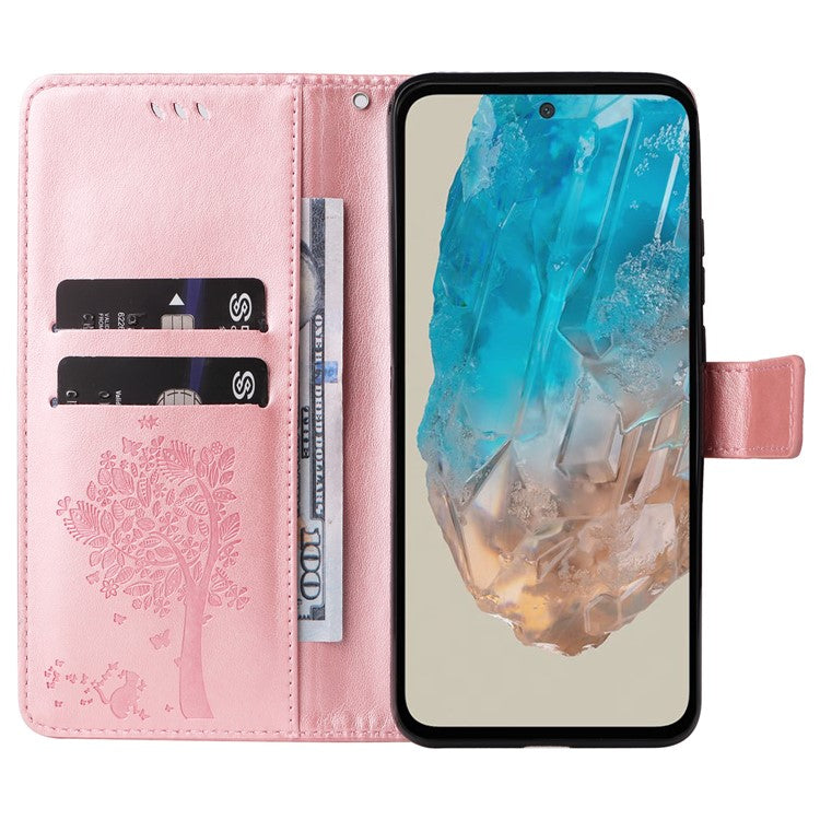 For Samsung Galaxy M35 5G Phone Case with Stand Cat Tree Pattern Leather Wallet Mobile Cover - Rose Gold