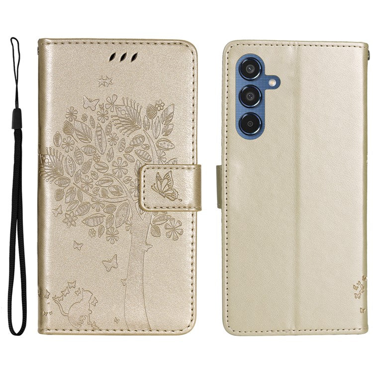 For Samsung Galaxy M35 5G Phone Case with Stand Cat Tree Pattern Leather Wallet Mobile Cover - Gold