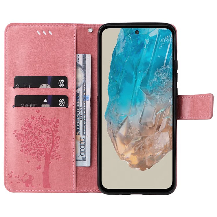 For Samsung Galaxy M35 5G Phone Case with Stand Cat Tree Pattern Leather Wallet Mobile Cover - Pink