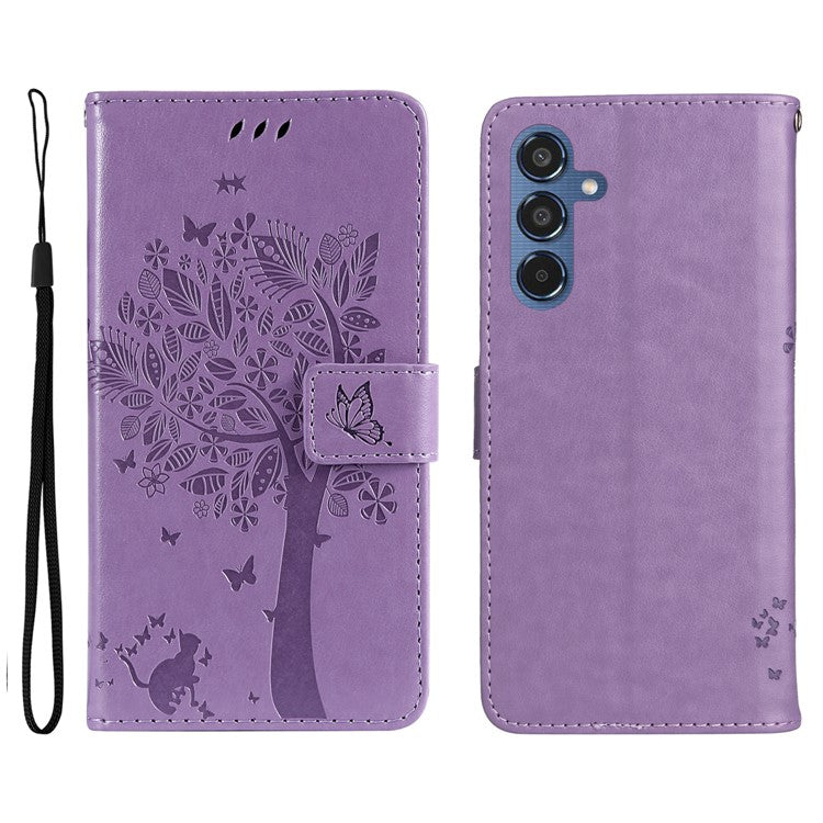 For Samsung Galaxy M35 5G Phone Case with Stand Cat Tree Pattern Leather Wallet Mobile Cover - Light Purple
