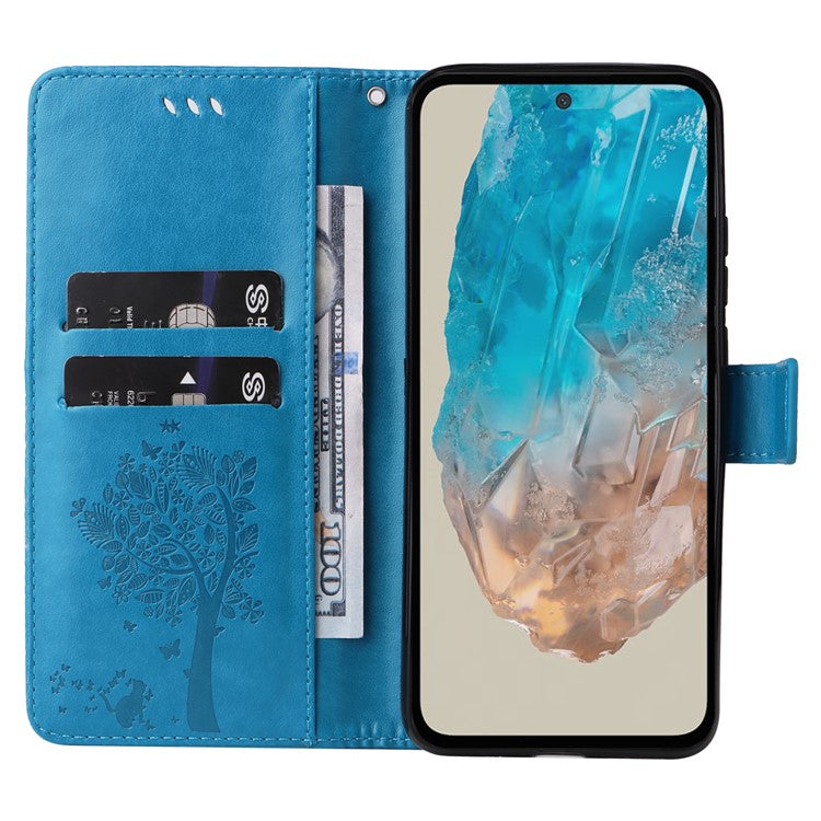 For Samsung Galaxy M35 5G Phone Case with Stand Cat Tree Pattern Leather Wallet Mobile Cover - Blue