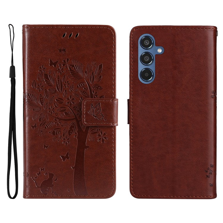For Samsung Galaxy M35 5G Phone Case with Stand Cat Tree Pattern Leather Wallet Mobile Cover - Coffee