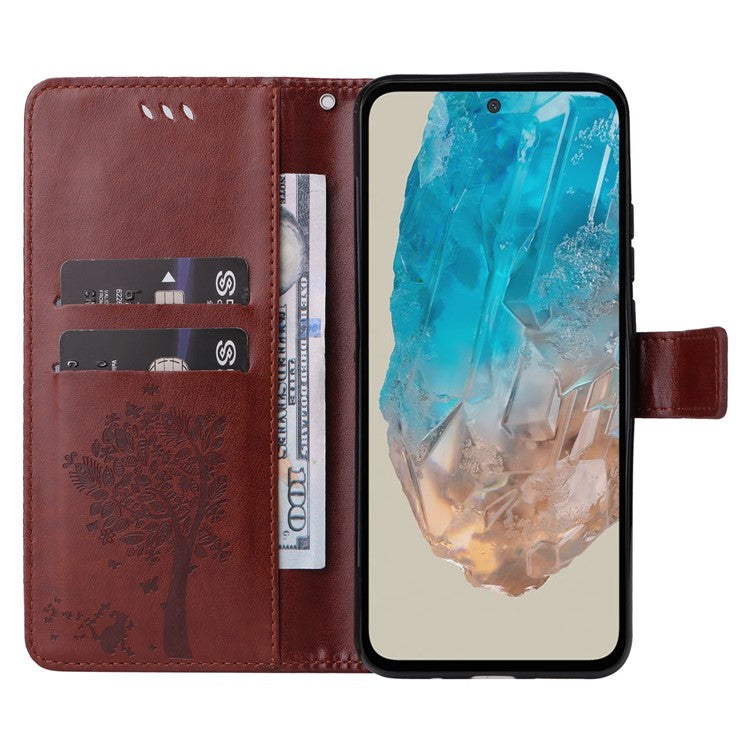 For Samsung Galaxy M35 5G Phone Case with Stand Cat Tree Pattern Leather Wallet Mobile Cover - Coffee