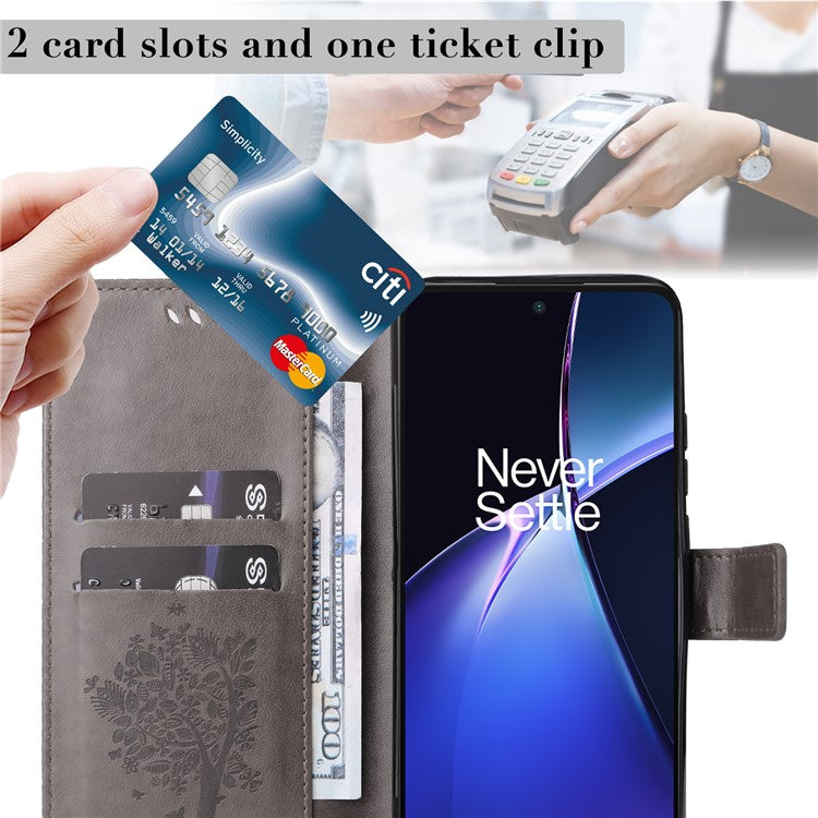 KT Imprinting Flower Series-3 For OnePlus Nord CE4 Lite 5G / Oppo K12x 5G (China) Case Wallet Leather Cat Tree Pattern Phone Cover - Grey
