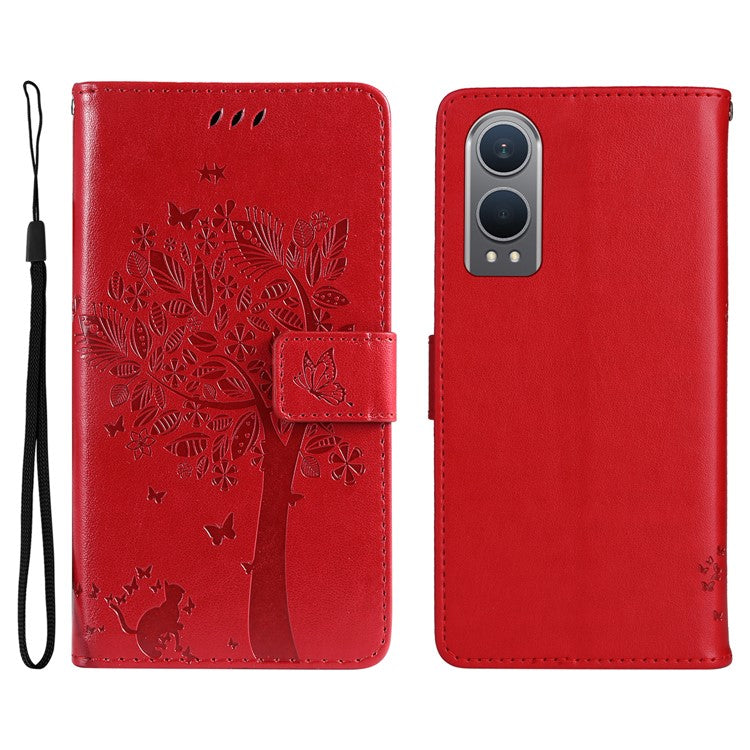 KT Imprinting Flower Series-3 For OnePlus Nord CE4 Lite 5G / Oppo K12x 5G (China) Case Wallet Leather Cat Tree Pattern Phone Cover - Red