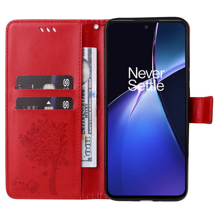 KT Imprinting Flower Series-3 For OnePlus Nord CE4 Lite 5G / Oppo K12x 5G (China) Case Wallet Leather Cat Tree Pattern Phone Cover - Red