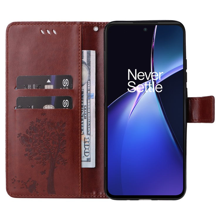 KT Imprinting Flower Series-3 For OnePlus Nord CE4 Lite 5G / Oppo K12x 5G (China) Case Wallet Leather Cat Tree Pattern Phone Cover - Coffee