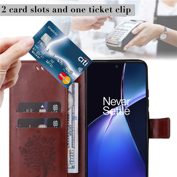 KT Imprinting Flower Series-3 For OnePlus Nord CE4 Lite 5G / Oppo K12x 5G (China) Case Wallet Leather Cat Tree Pattern Phone Cover - Coffee