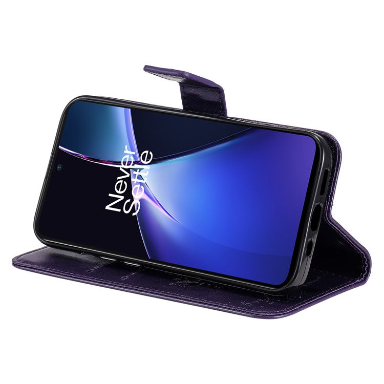 KT Imprinting Flower Series-3 For OnePlus Nord CE4 Lite 5G / Oppo K12x 5G (China) Case Wallet Leather Cat Tree Pattern Phone Cover - Purple