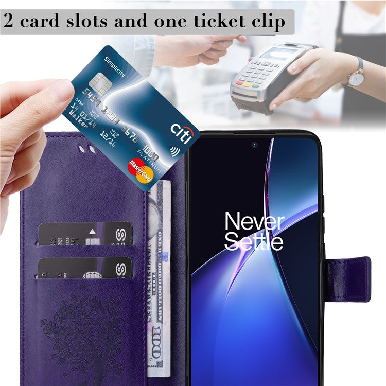 KT Imprinting Flower Series-3 For OnePlus Nord CE4 Lite 5G / Oppo K12x 5G (China) Case Wallet Leather Cat Tree Pattern Phone Cover - Purple