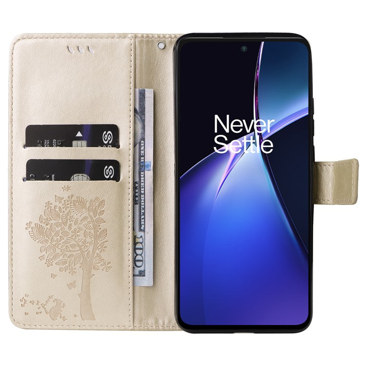 KT Imprinting Flower Series-3 For OnePlus Nord CE4 Lite 5G / Oppo K12x 5G (China) Case Wallet Leather Cat Tree Pattern Phone Cover - Gold