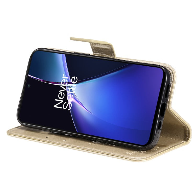 KT Imprinting Flower Series-3 For OnePlus Nord CE4 Lite 5G / Oppo K12x 5G (China) Case Wallet Leather Cat Tree Pattern Phone Cover - Gold