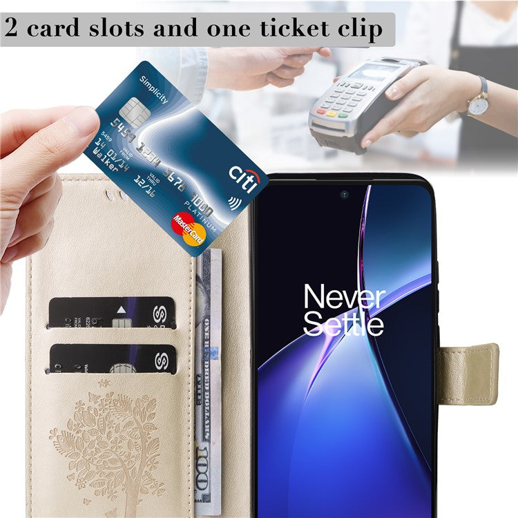 KT Imprinting Flower Series-3 For OnePlus Nord CE4 Lite 5G / Oppo K12x 5G (China) Case Wallet Leather Cat Tree Pattern Phone Cover - Gold