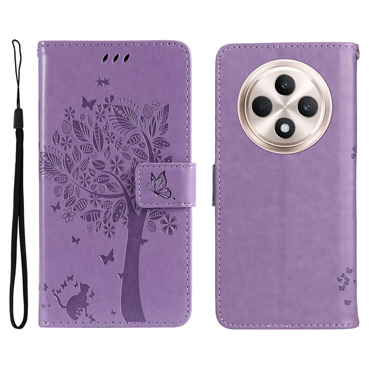 KT Imprinting Flower Series-3 For Oppo Reno12 F 4G Case Cat Tree Pattern Flip Leather Phone Cover - Light Purple