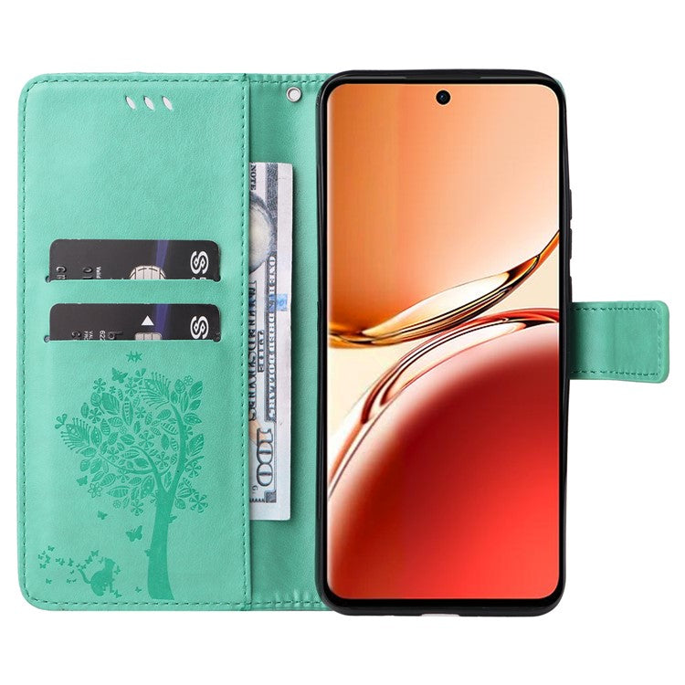KT Imprinting Flower Series-3 For Oppo Reno12 F 4G Case Cat Tree Pattern Flip Leather Phone Cover - Green