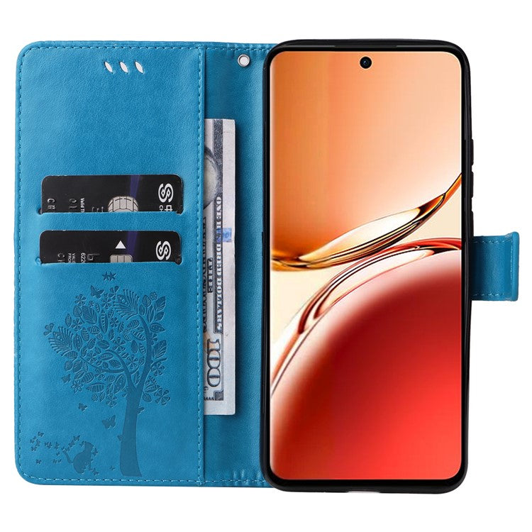 KT Imprinting Flower Series-3 For Oppo Reno12 F 4G Case Cat Tree Pattern Flip Leather Phone Cover - Blue