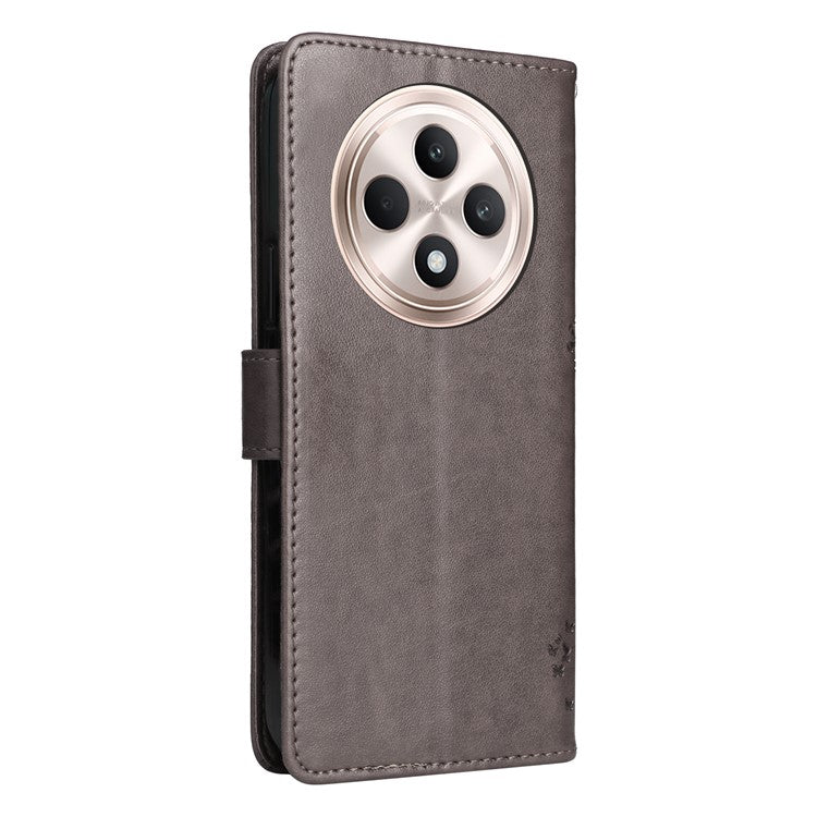 KT Imprinting Flower Series-3 For Oppo Reno12 F 4G Case Cat Tree Pattern Flip Leather Phone Cover - Grey