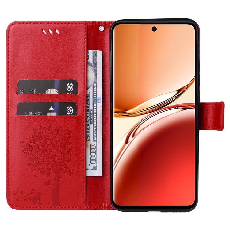 KT Imprinting Flower Series-3 For Oppo Reno12 F 4G Case Cat Tree Pattern Flip Leather Phone Cover - Red