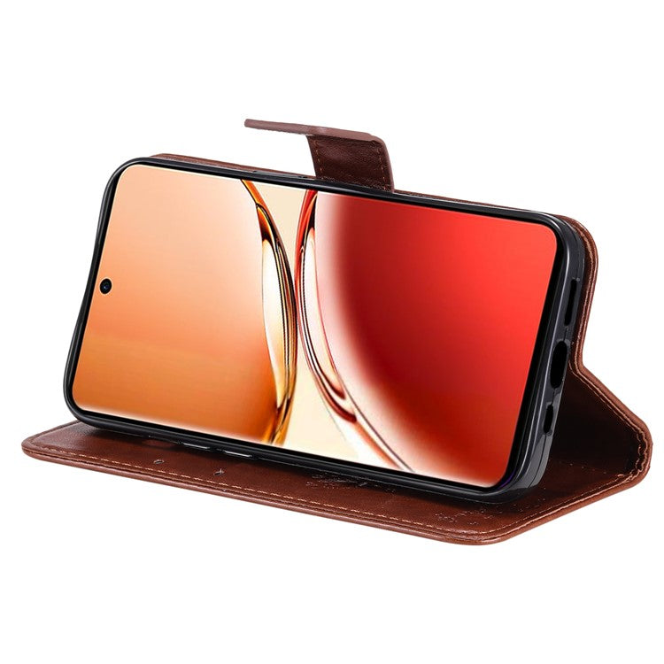 KT Imprinting Flower Series-3 For Oppo Reno12 F 4G Case Cat Tree Pattern Flip Leather Phone Cover - Coffee