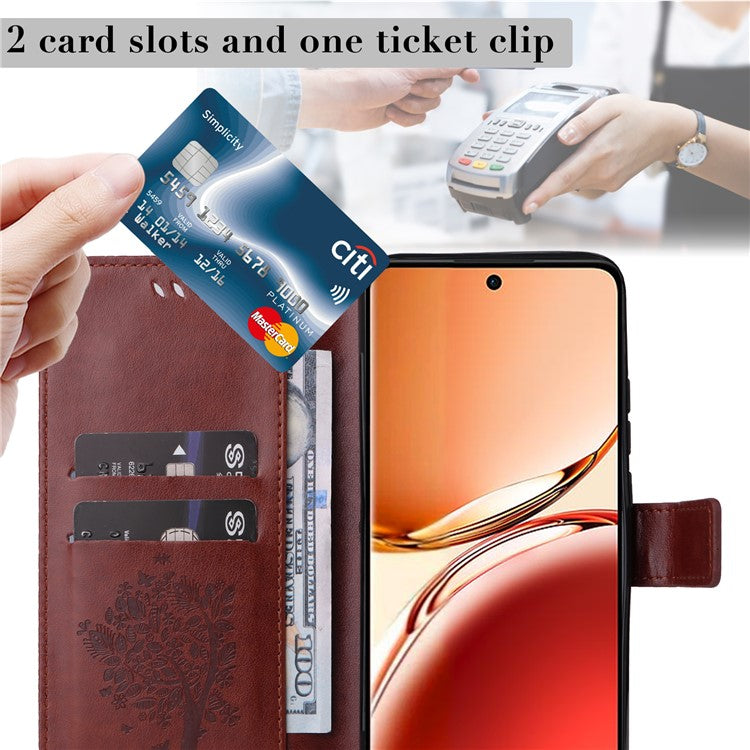 KT Imprinting Flower Series-3 For Oppo Reno12 F 4G Case Cat Tree Pattern Flip Leather Phone Cover - Coffee