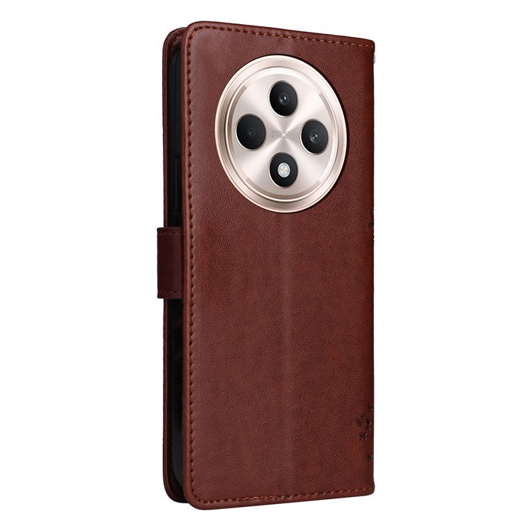 KT Imprinting Flower Series-3 For Oppo Reno12 F 4G Case Cat Tree Pattern Flip Leather Phone Cover - Coffee