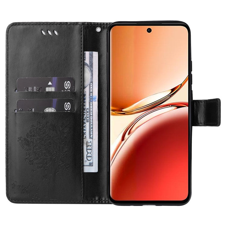 KT Imprinting Flower Series-3 For Oppo Reno12 F 4G Case Cat Tree Pattern Flip Leather Phone Cover - Black