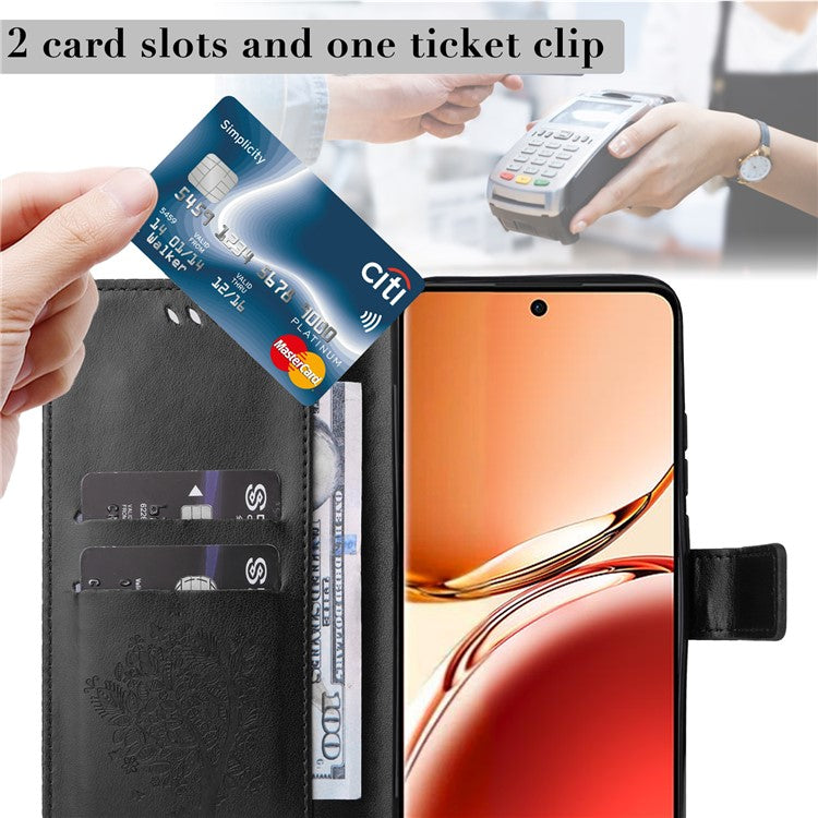 KT Imprinting Flower Series-3 For Oppo Reno12 F 4G Case Cat Tree Pattern Flip Leather Phone Cover - Black