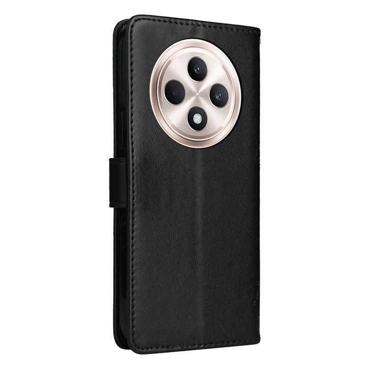 KT Imprinting Flower Series-3 For Oppo Reno12 F 4G Case Cat Tree Pattern Flip Leather Phone Cover - Black