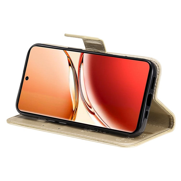 KT Imprinting Flower Series-3 For Oppo Reno12 F 4G Case Cat Tree Pattern Flip Leather Phone Cover - Gold
