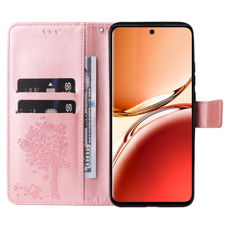 KT Imprinting Flower Series-3 For Oppo Reno12 F 4G Case Cat Tree Pattern Flip Leather Phone Cover - Rose Gold