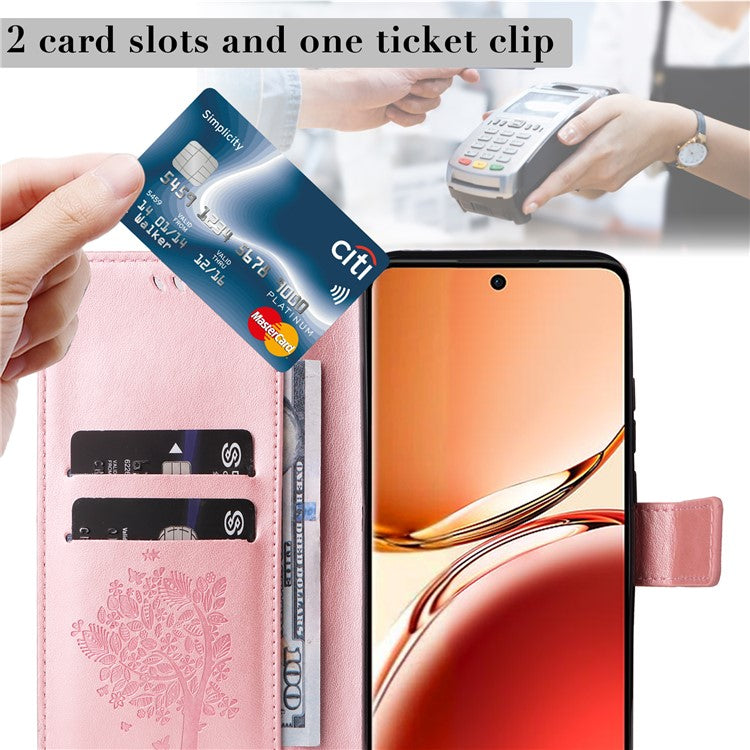KT Imprinting Flower Series-3 For Oppo Reno12 F 4G Case Cat Tree Pattern Flip Leather Phone Cover - Rose Gold