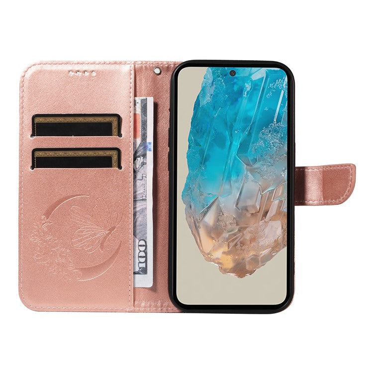 For Samsung Galaxy M35 5G Case Butterfly Design Flip Leather Phone Cover - Rose Gold
