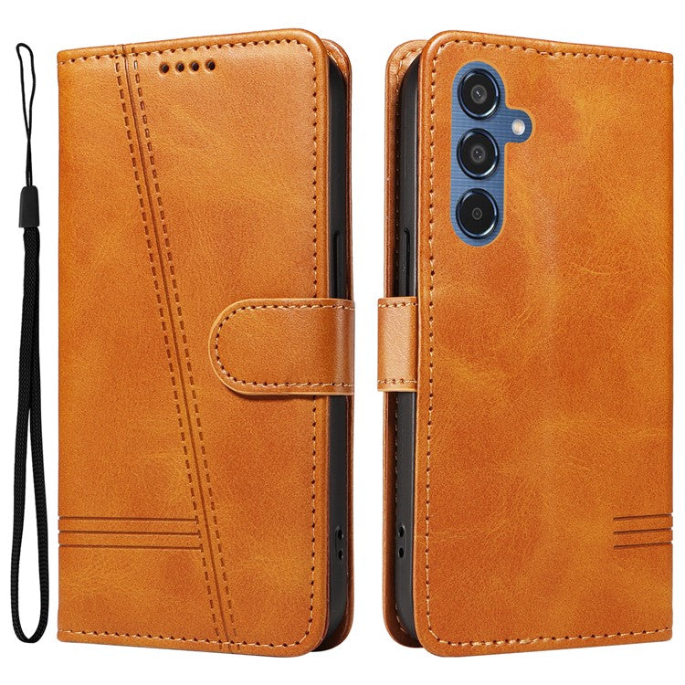 For Samsung Galaxy M35 5G Case Wallet Card Slots Protective Leather Phone Cover T-Shape Lines - Yellow
