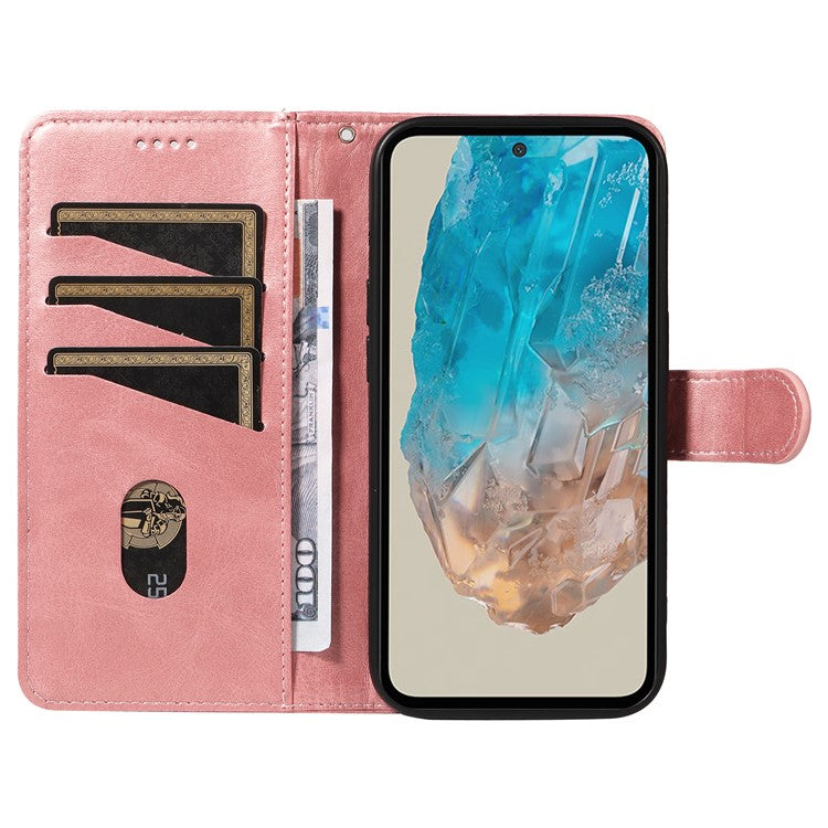 For Samsung Galaxy M35 5G Case Wallet Card Slots Protective Leather Phone Cover T-Shape Lines - Rose Gold