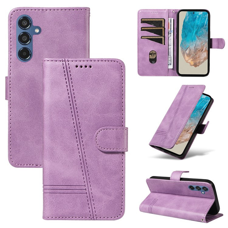 For Samsung Galaxy M35 5G Case Wallet Card Slots Protective Leather Phone Cover T-Shape Lines - Light Purple