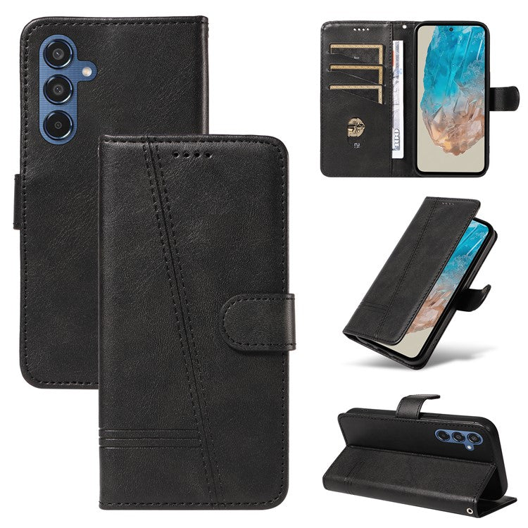 For Samsung Galaxy M35 5G Case Wallet Card Slots Protective Leather Phone Cover T-Shape Lines - Black