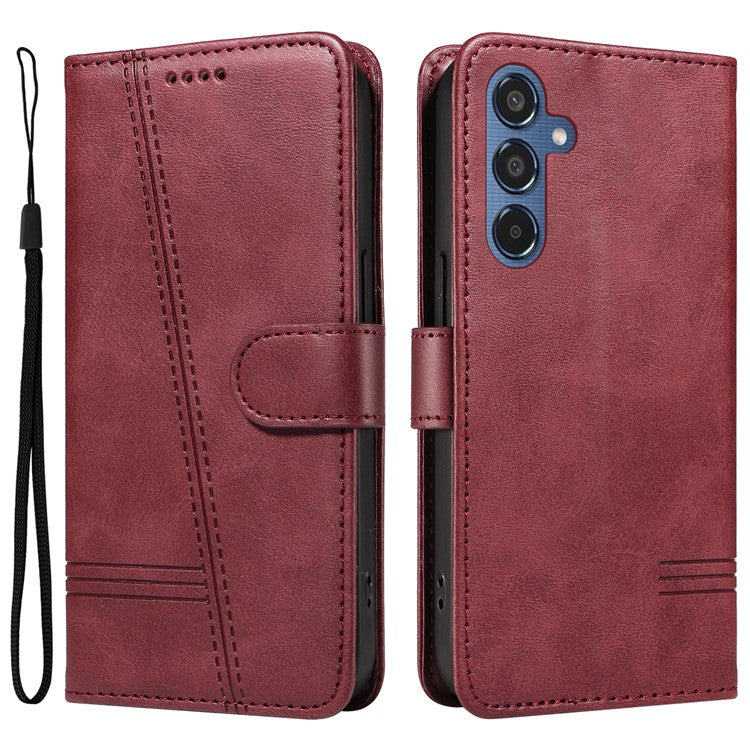 For Samsung Galaxy M35 5G Case Wallet Card Slots Protective Leather Phone Cover T-Shape Lines - Wine Red