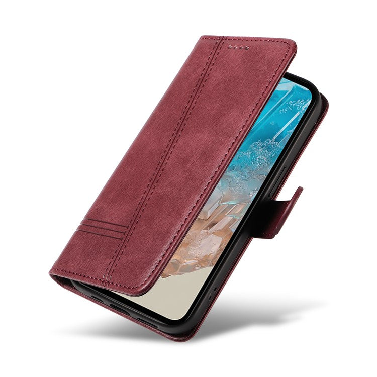 For Samsung Galaxy M35 5G Case Wallet Card Slots Protective Leather Phone Cover T-Shape Lines - Wine Red