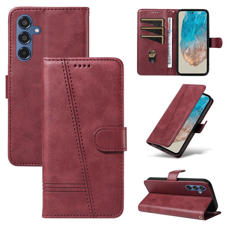 For Samsung Galaxy M35 5G Case Wallet Card Slots Protective Leather Phone Cover T-Shape Lines - Wine Red