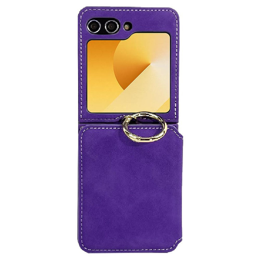 For Samsung Galaxy Z Flip7 FE 5G / Z Flip6 5G Case Card Slot Finger Ring Holder Leather + PC Phone Cover - Purple