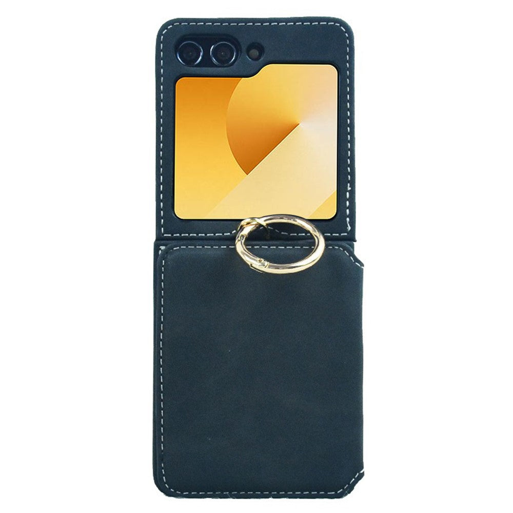For Samsung Galaxy Z Flip7 FE 5G / Z Flip6 5G Case Card Slot Finger Ring Holder Leather + PC Phone Cover - Black