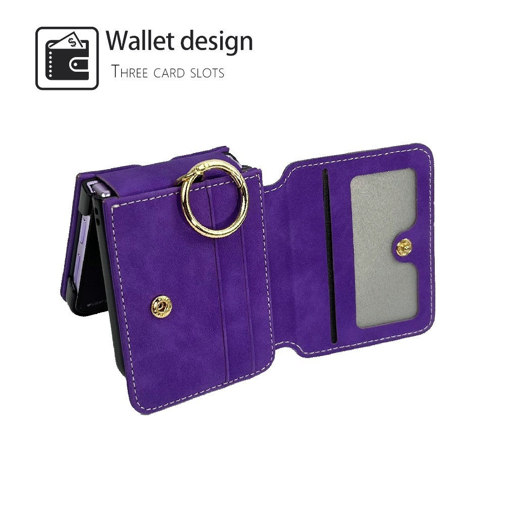 For Samsung Galaxy Z Flip7 FE 5G / Z Flip6 5G Case Card Slot Finger Ring Holder Leather + PC Phone Cover - Black