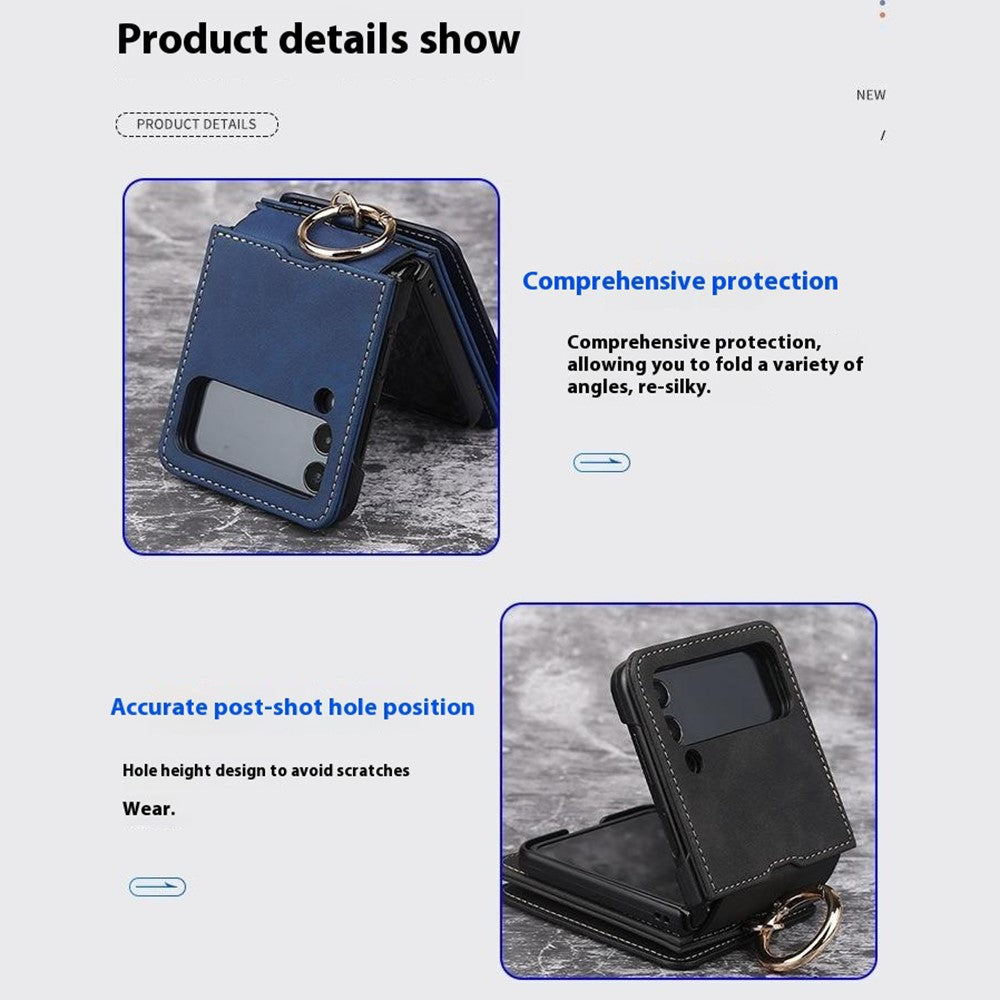 For Samsung Galaxy Z Flip7 FE 5G / Z Flip6 5G Case Card Slot Finger Ring Holder Leather + PC Phone Cover - Black