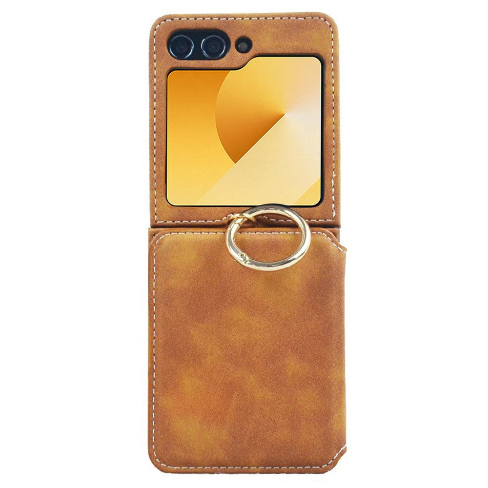 For Samsung Galaxy Z Flip7 FE 5G / Z Flip6 5G Case Card Slot Finger Ring Holder Leather + PC Phone Cover - Light Brown