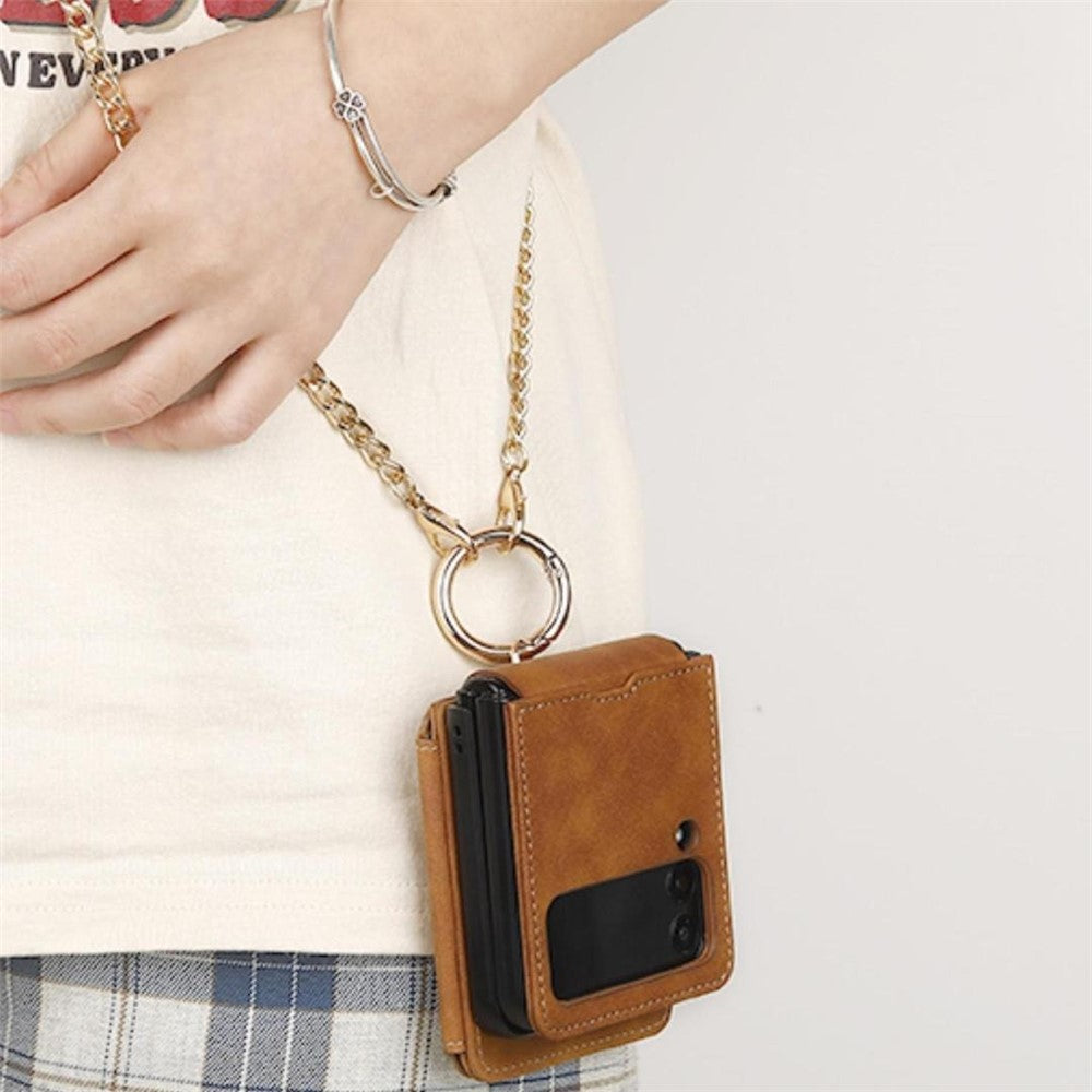 For Samsung Galaxy Z Flip7 FE 5G / Z Flip6 5G Case Card Slot Finger Ring Holder Leather + PC Phone Cover - Light Brown