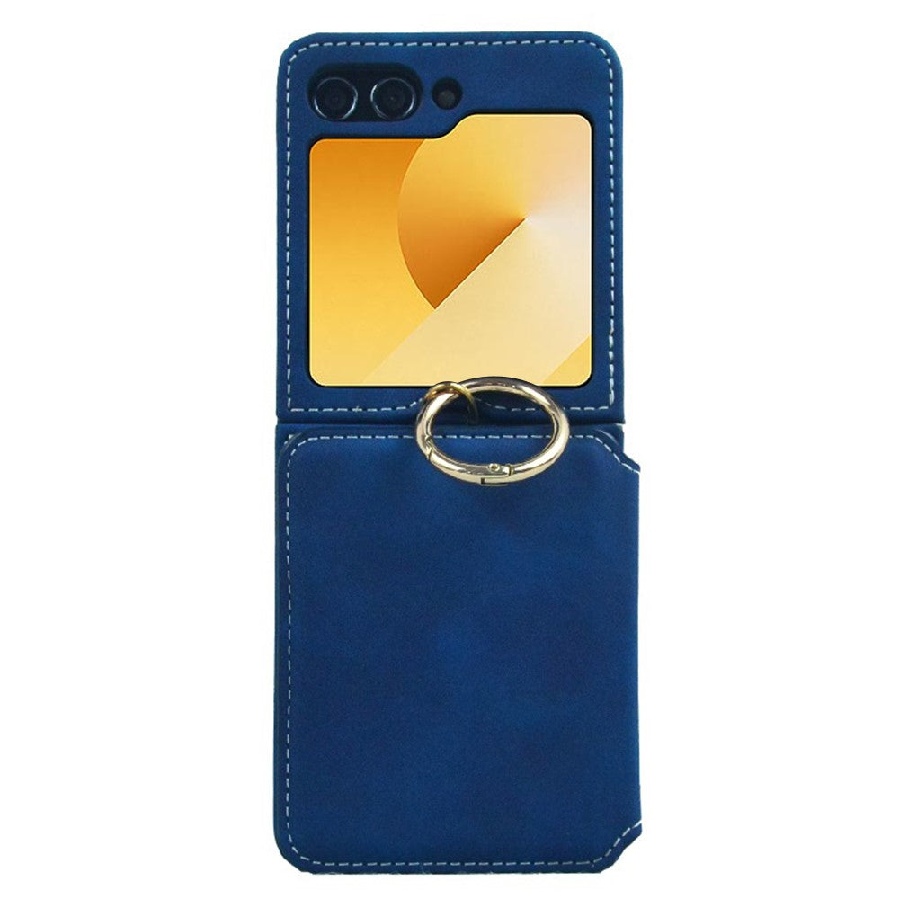 For Samsung Galaxy Z Flip7 FE 5G / Z Flip6 5G Case Card Slot Finger Ring Holder Leather + PC Phone Cover - Blue